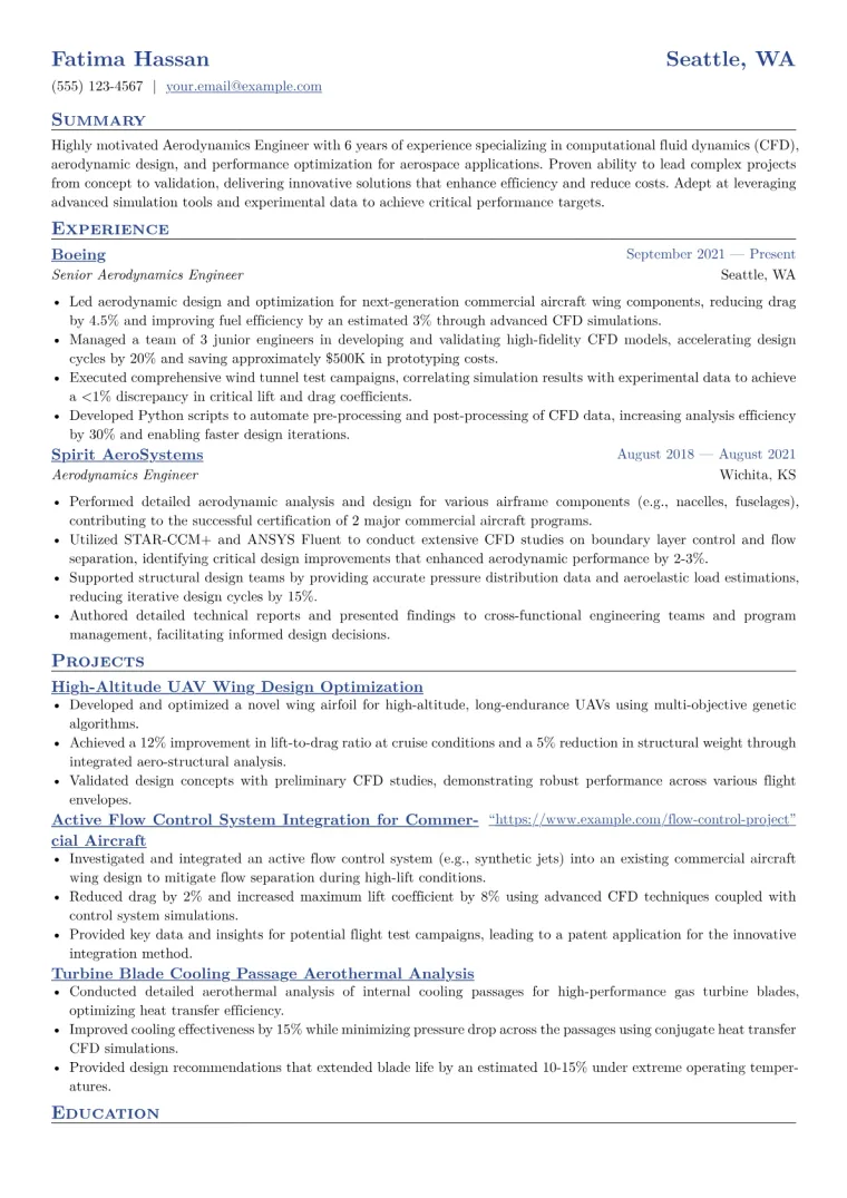 Aerodynamics Engineer Resume Example CV template preview