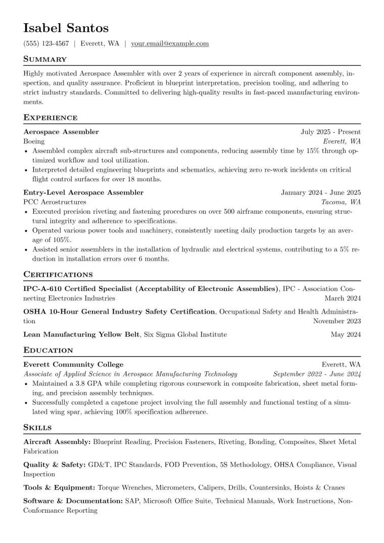 Aerospace Assembler Resume Example preview