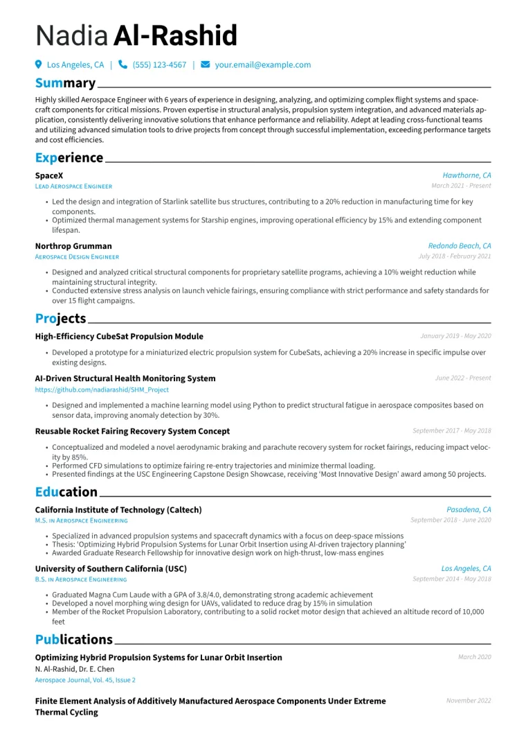 Aerospace Engineer Resume Example CV template preview