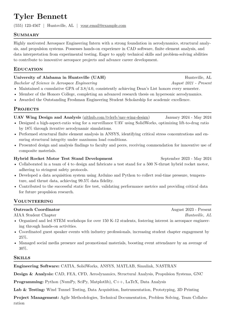 Aerospace Engineering Intern Resume Example CV template preview