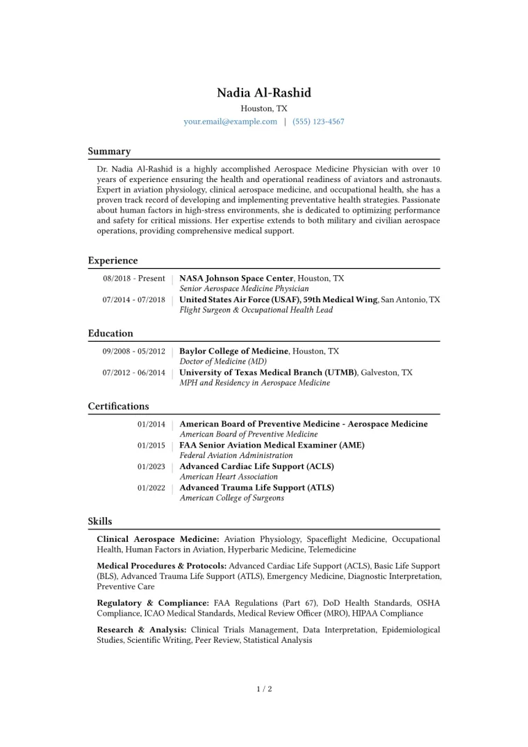 Aerospace Medicine Physician Resume Example CV template preview