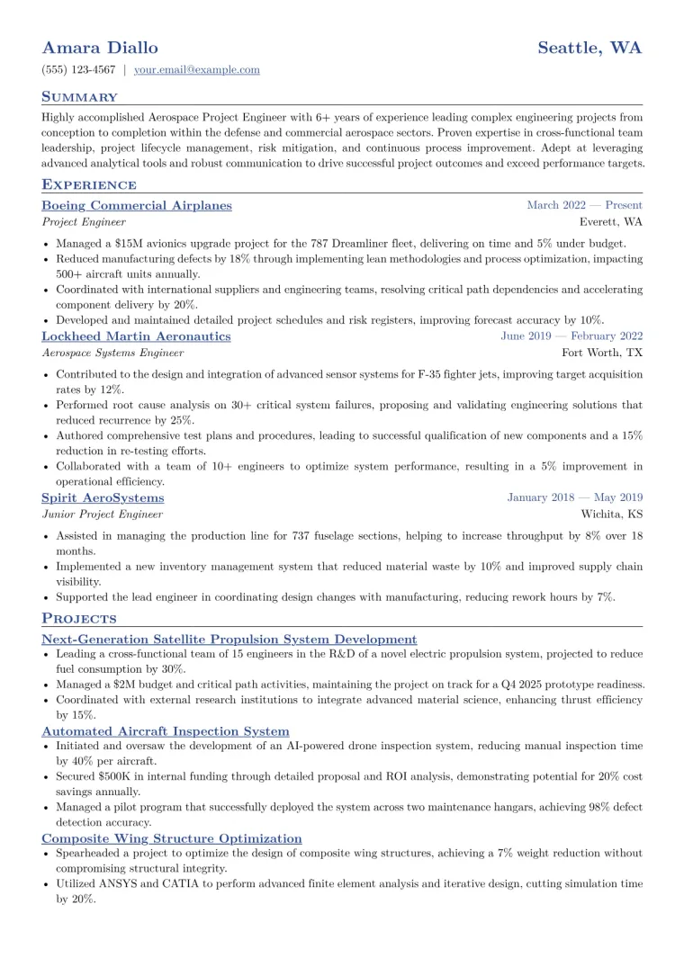 Aerospace Project Engineer Resume Example CV template preview