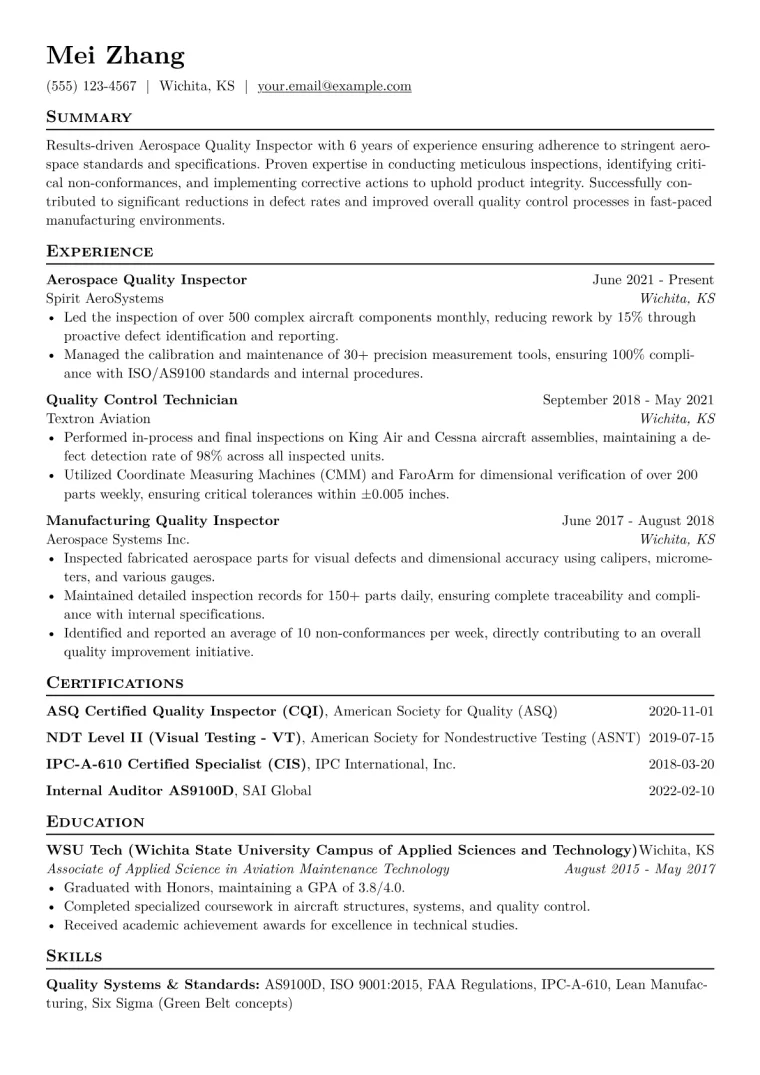 Aerospace Quality Inspector Resume Example CV template preview