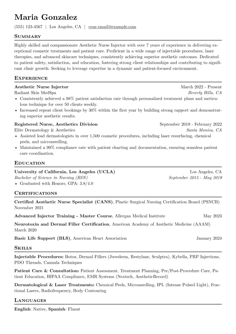 Aesthetic Nurse Injector Resume Example preview