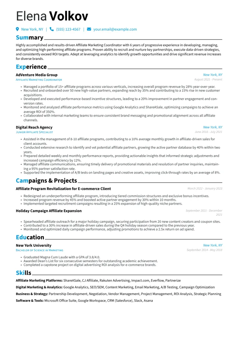 Affiliate Marketing Coordinator Resume Example CV template preview