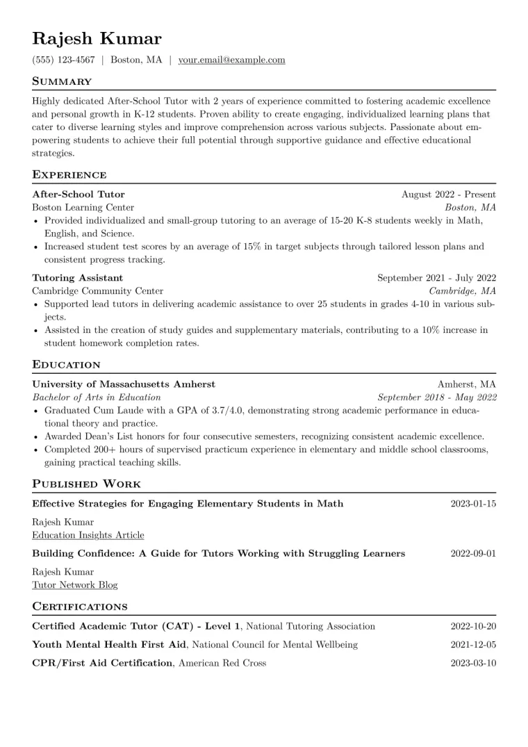 After-School Tutor Resume Example CV template preview
