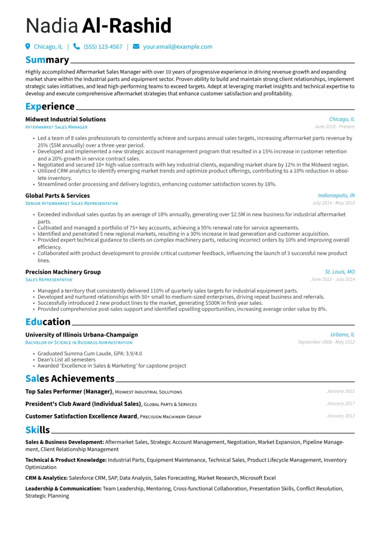 Aftermarket Sales Manager Resume Example CV template preview