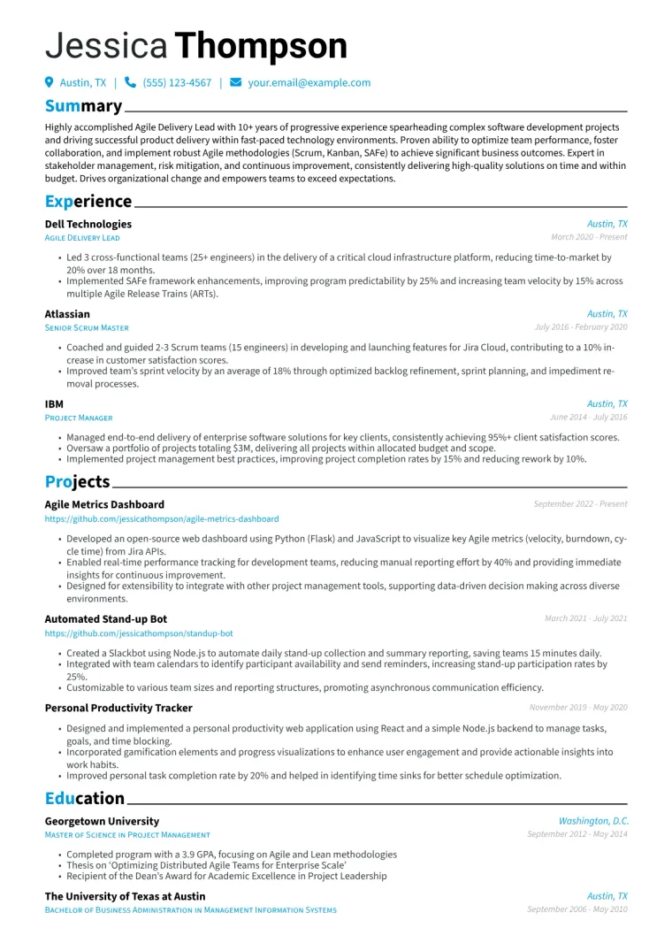 Agile Delivery Lead Resume Example CV template preview