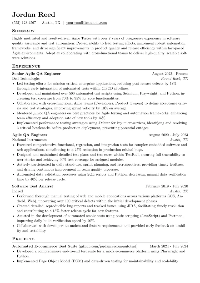 Agile Tester Resume Example CV template preview