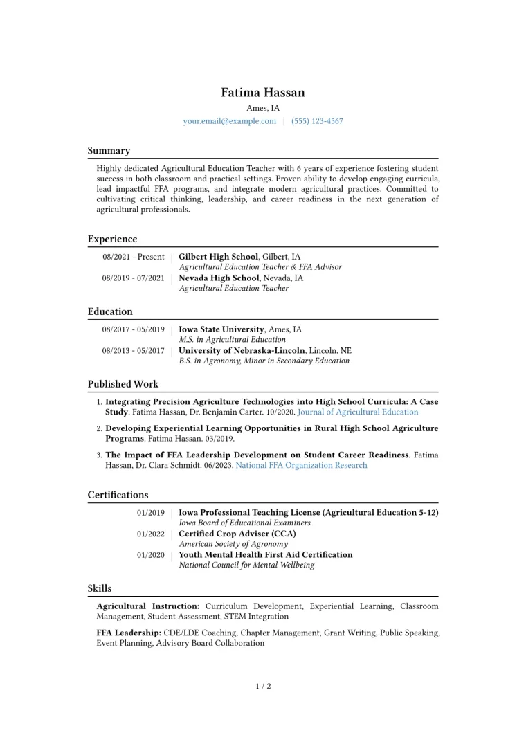 Agricultural Education Teacher Resume Example CV template preview