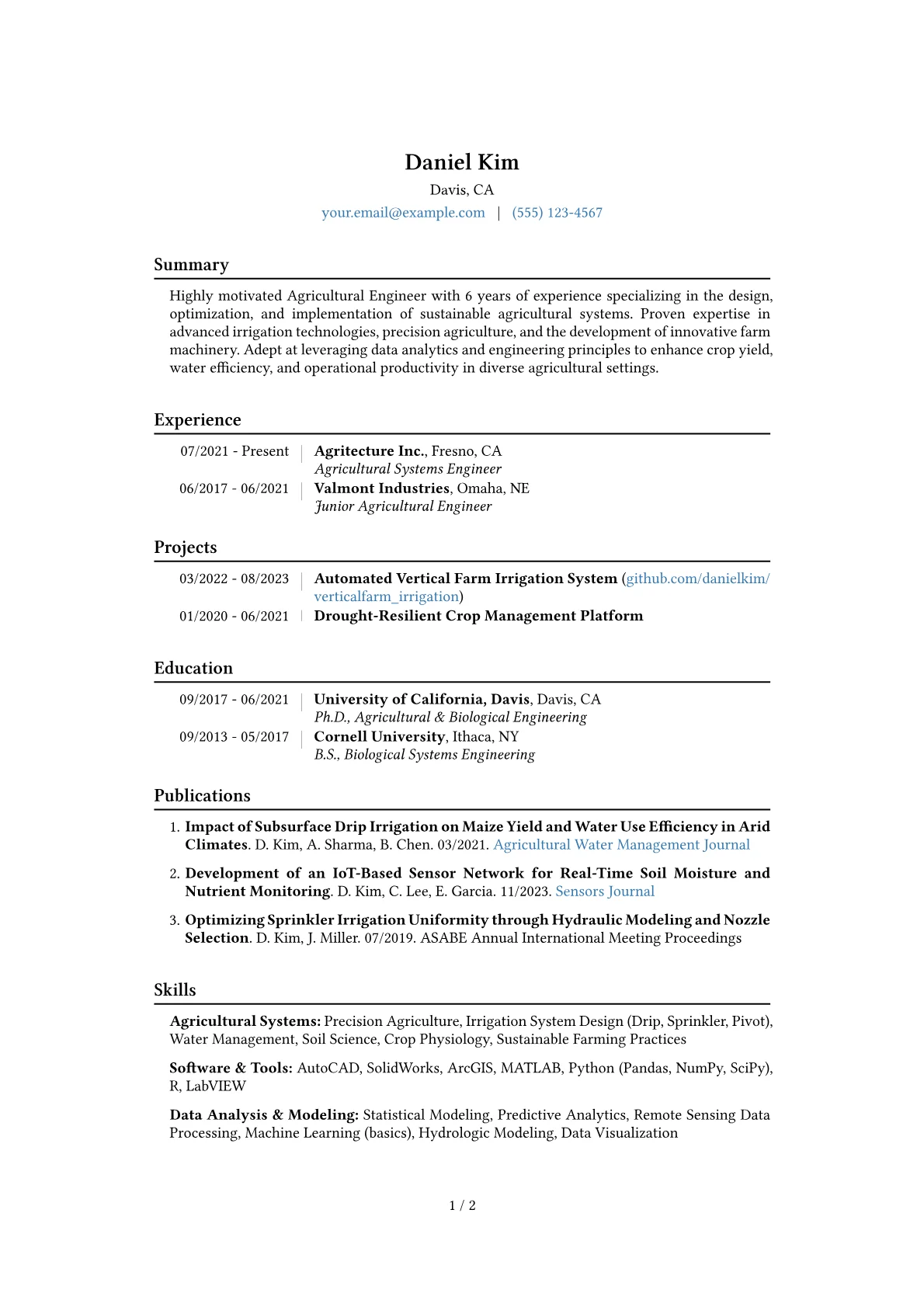 Agricultural Engineer resume example, page 1