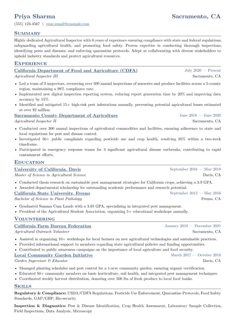 Agricultural Inspector Resume Example CV template preview