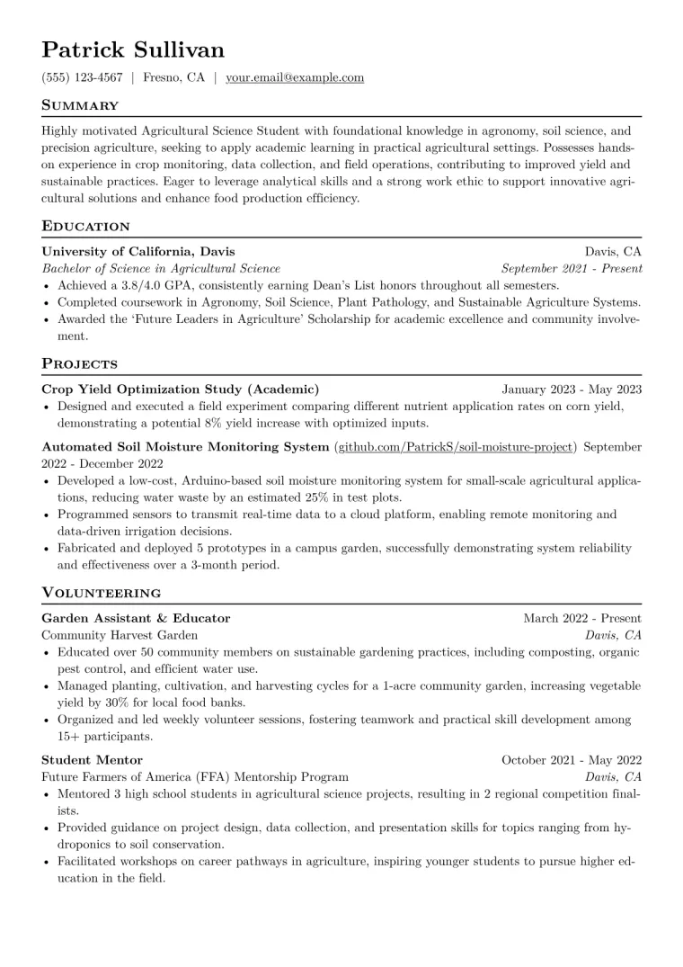 Agricultural Science Student Resume Example CV template preview