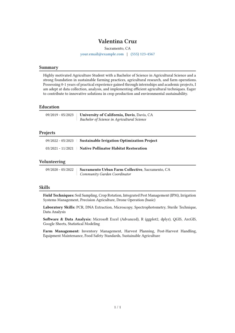 Agriculture Student Resume Example CV template preview