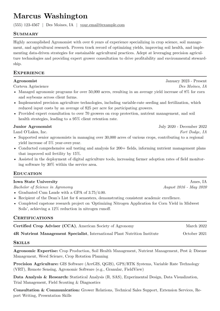 Agronomist Resume Example CV template preview