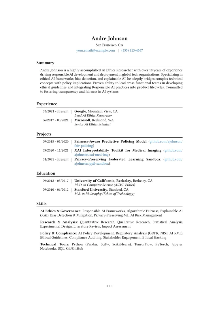 AI Ethics Researcher Resume Example CV template preview