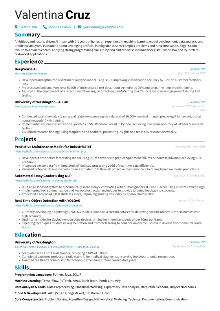 AI Intern Resume Example CV template preview