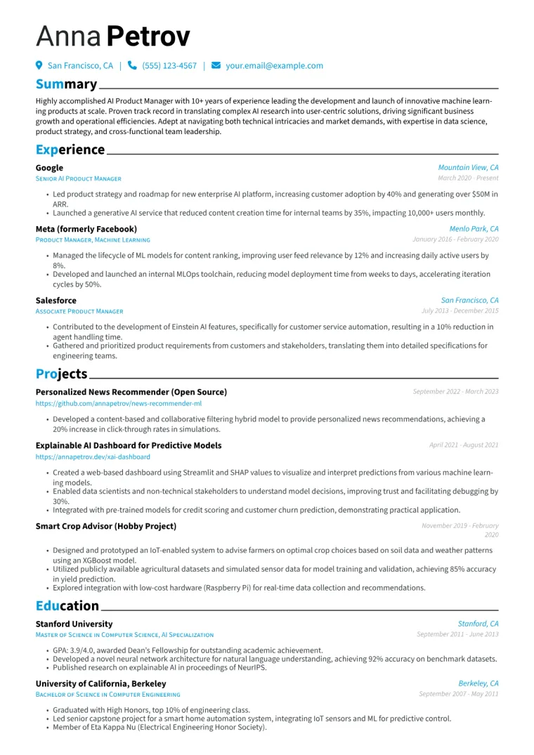 AI Product Manager Resume Example CV template preview
