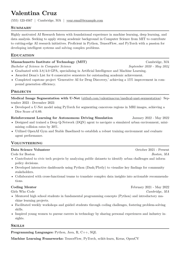 AI Research Intern Resume Example CV template preview
