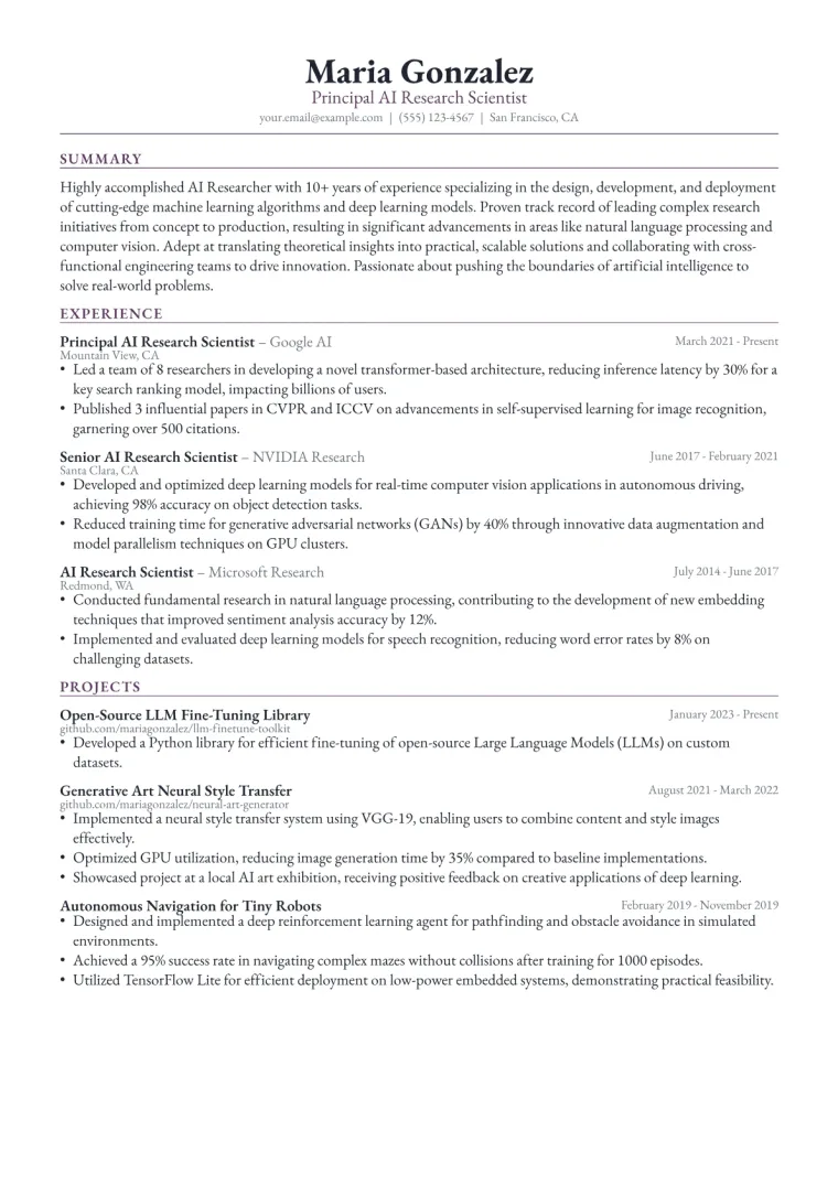 AI Researcher Resume Example CV template preview