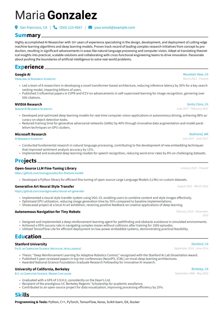 AI Researcher Resume Example CV template preview