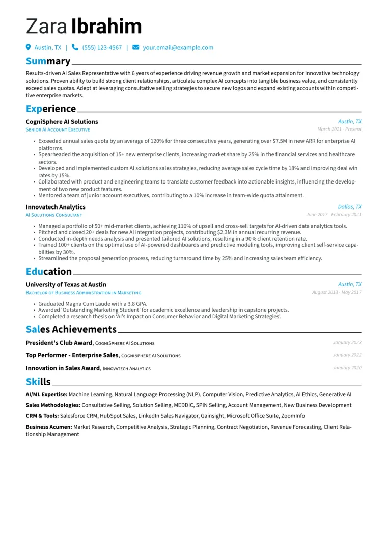 AI Sales Representative Resume Example CV template preview