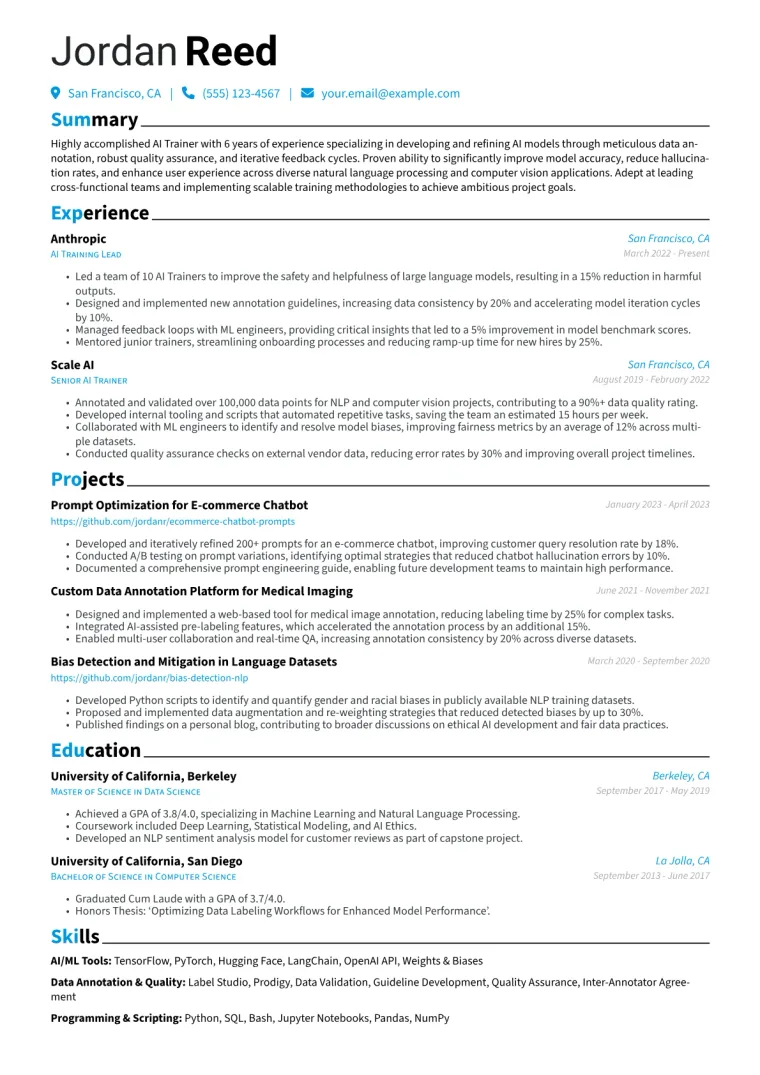 AI Trainer Resume Example CV template preview
