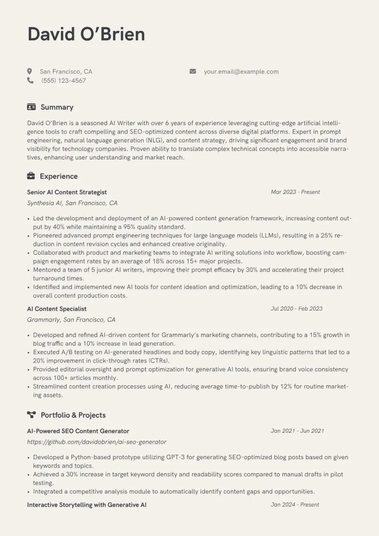AI Writer Resume Example CV template preview
