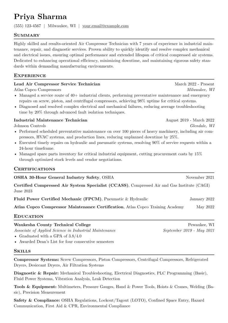 Air Compressor Technician Resume Example preview