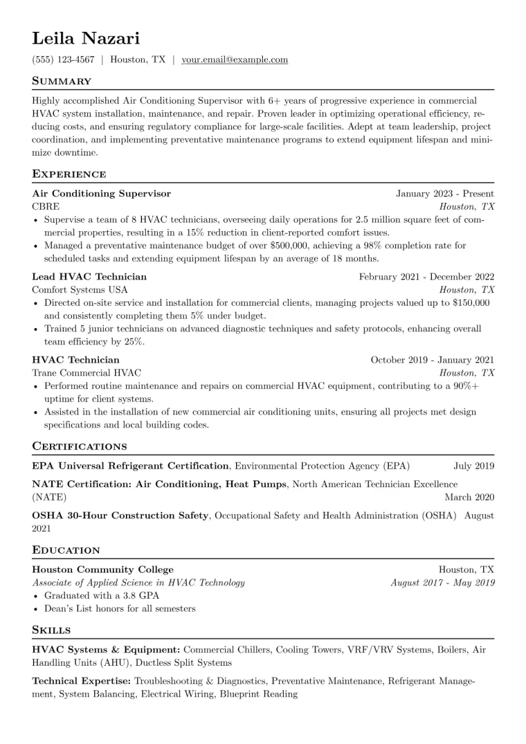 Air Conditioning Supervisor Resume Example preview