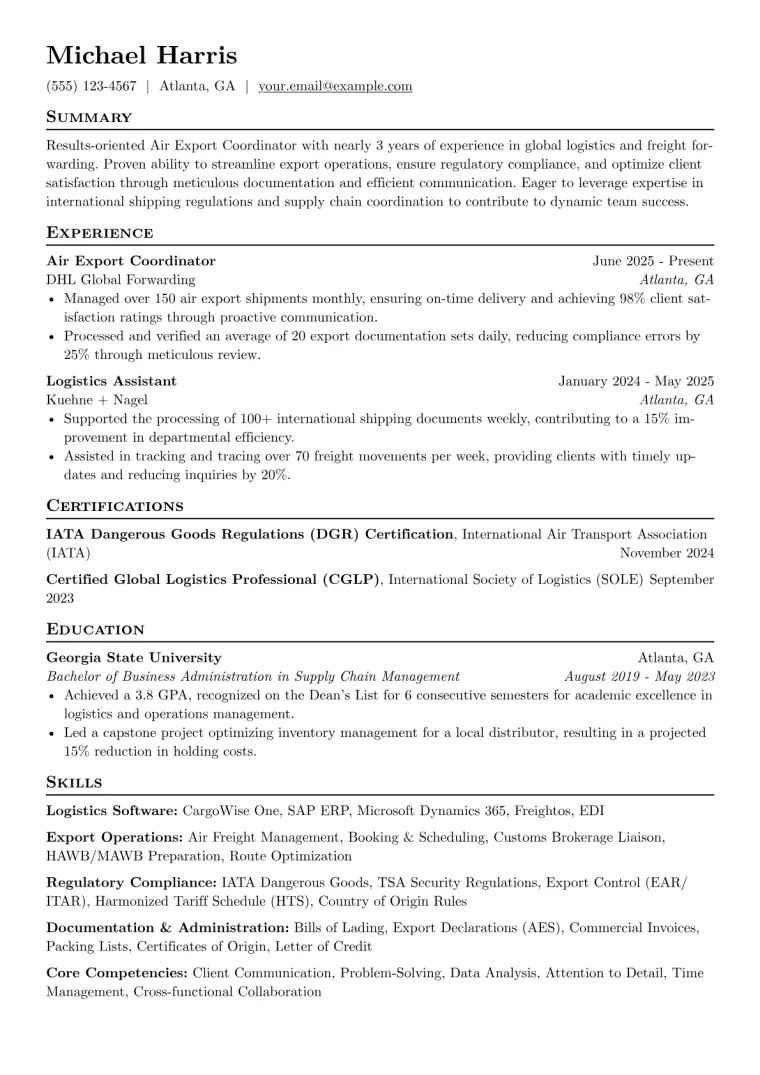 Air Export Coordinator Resume Example preview