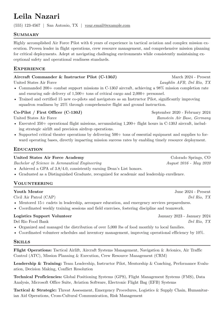 Air Force Pilot Resume Example CV template preview