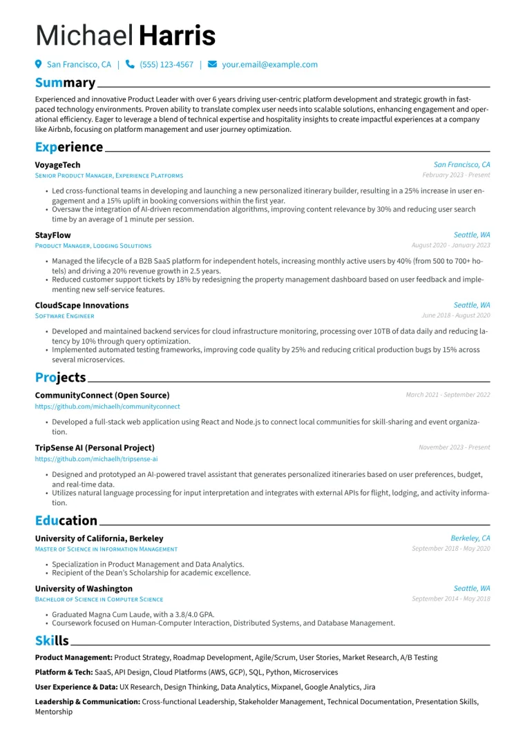 Airbnb Resume Example CV template preview