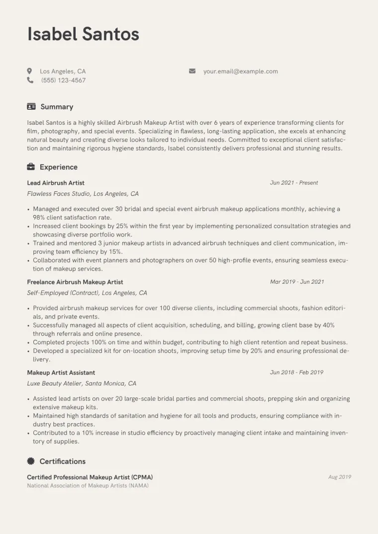 Airbrush Makeup Artist Resume Example CV template preview