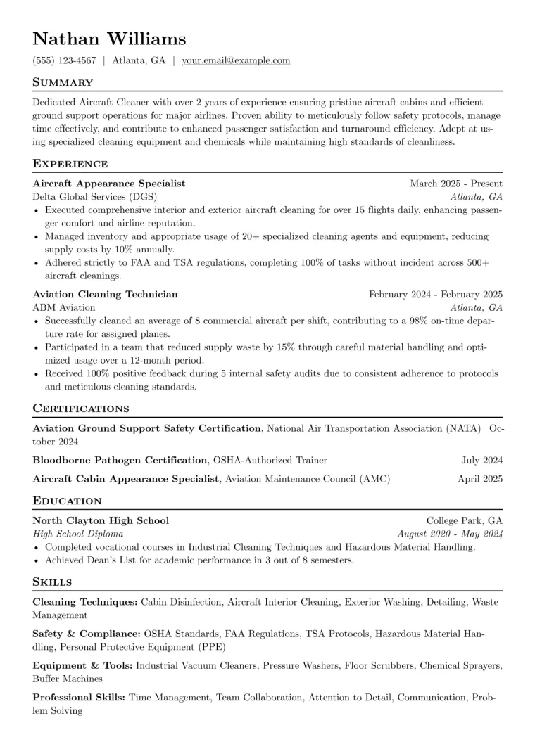 Aircraft Cleaner Resume Example preview