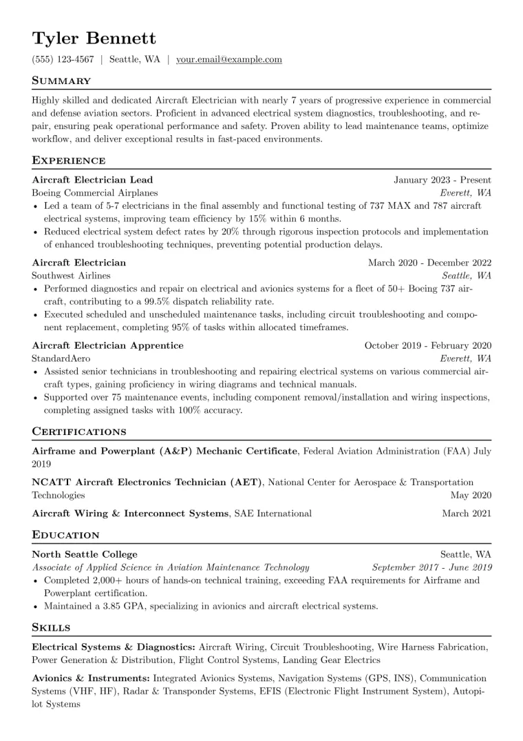 Aircraft Electrician Resume Example preview