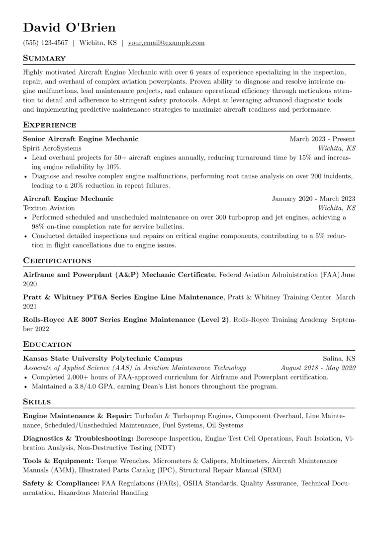 Aircraft Engine Mechanic Resume Example preview
