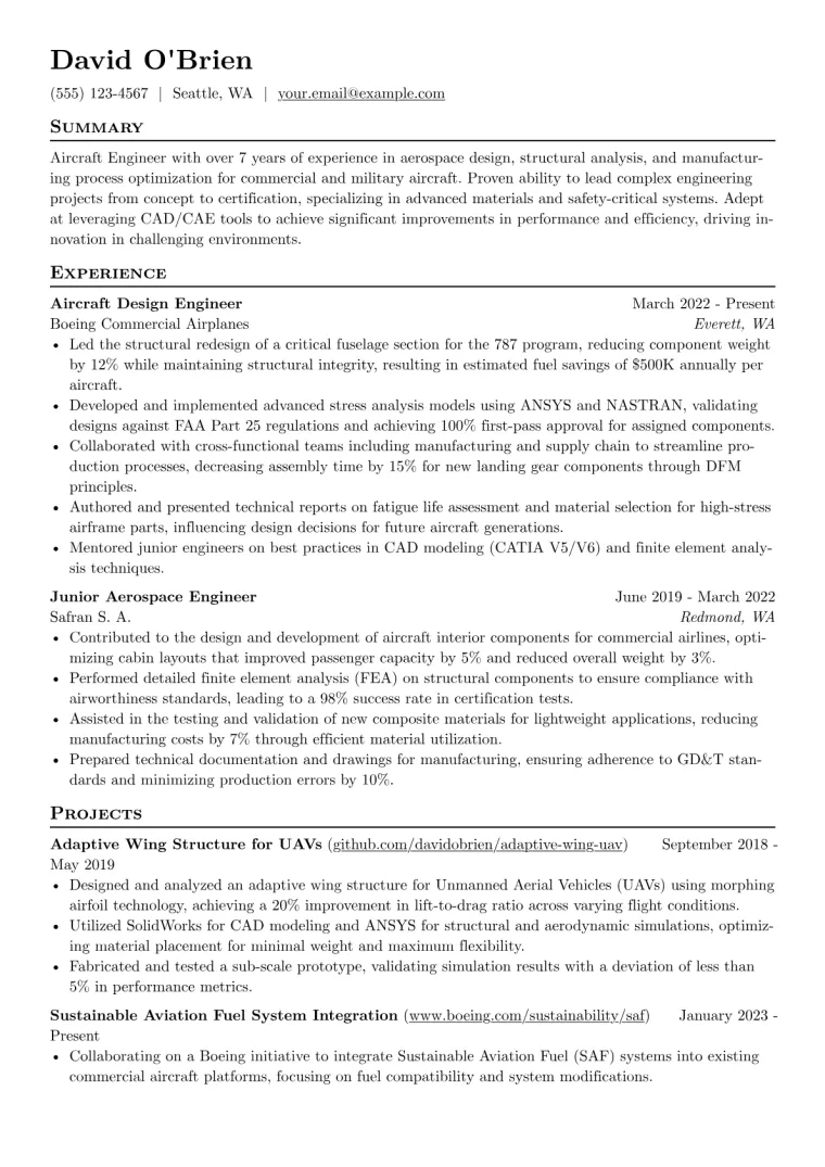 Aircraft Engineer Resume Example preview