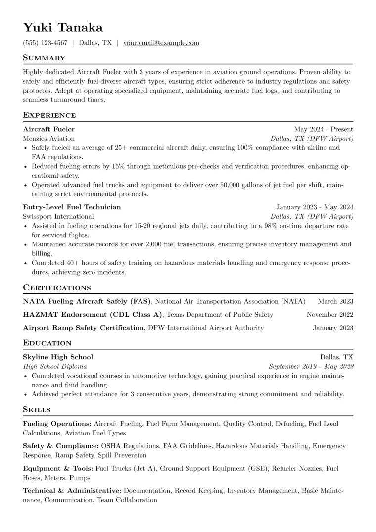 Aircraft Fueler Resume Example preview