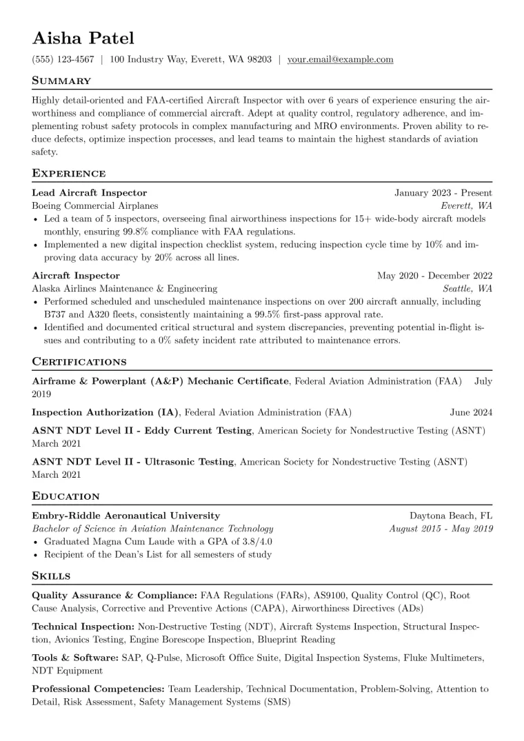 Aircraft Inspector Resume Example preview