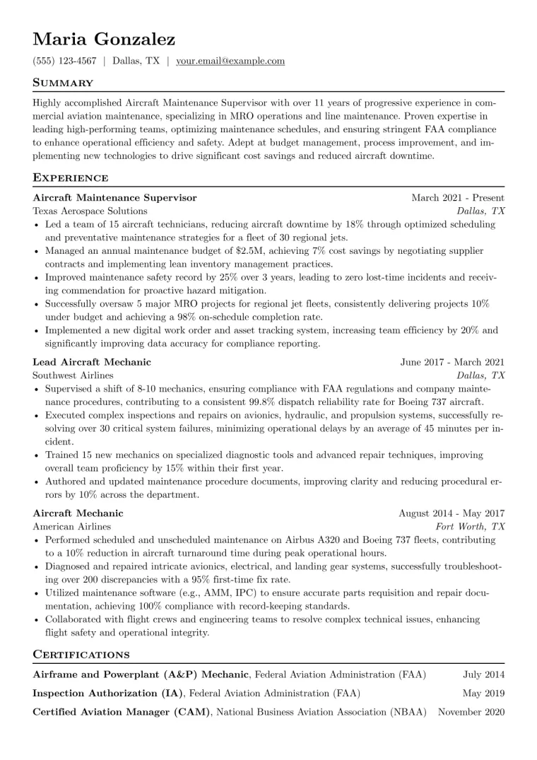 Aircraft Maintenance Supervisor Resume Example preview