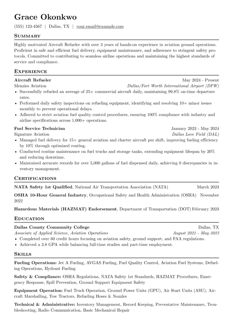 Aircraft Refueler Resume Example preview