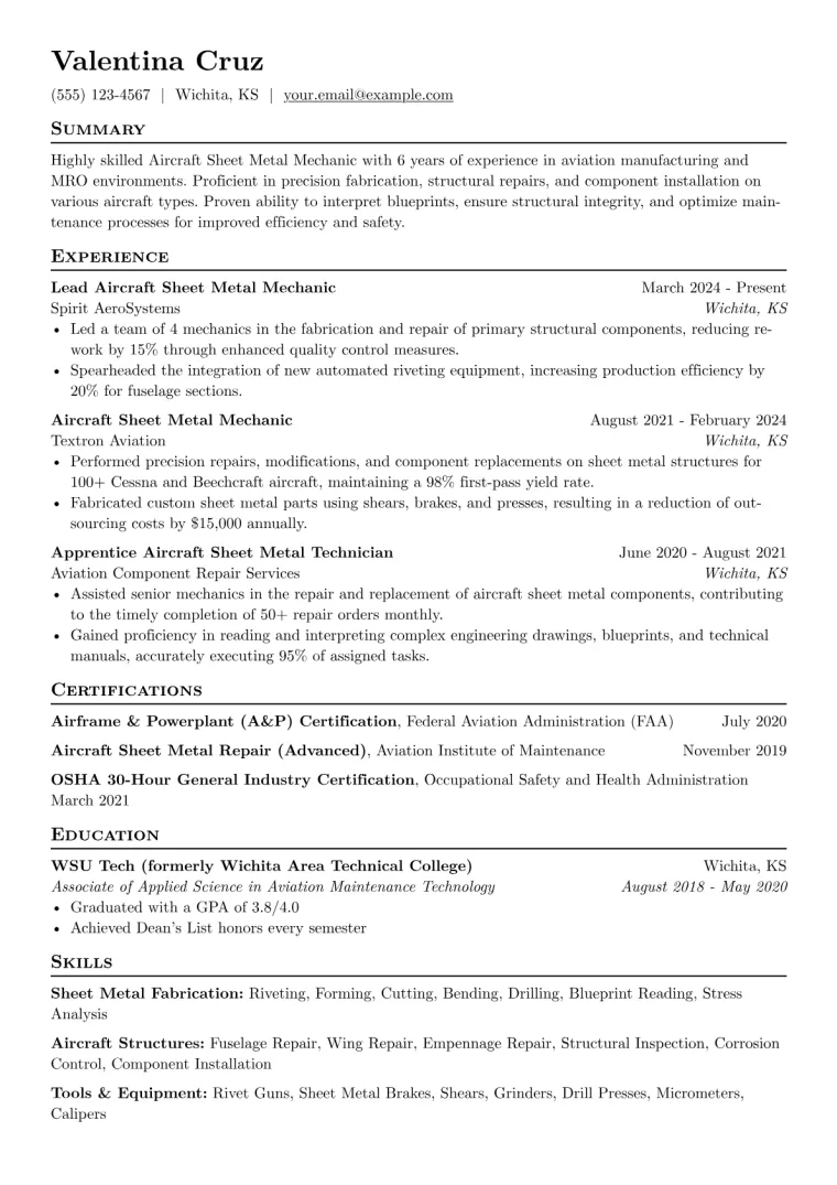 Aircraft Sheet Metal Mechanic Resume Example preview