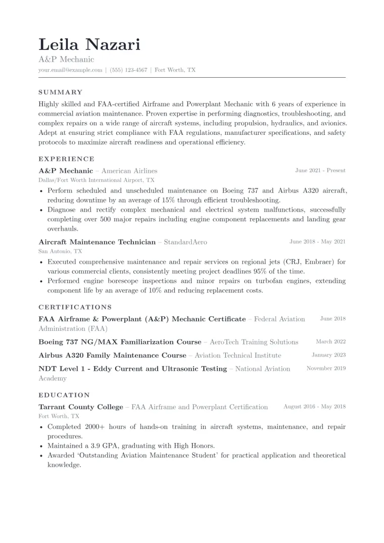 Airframe and Powerplant Mechanic Resume Example CV template preview