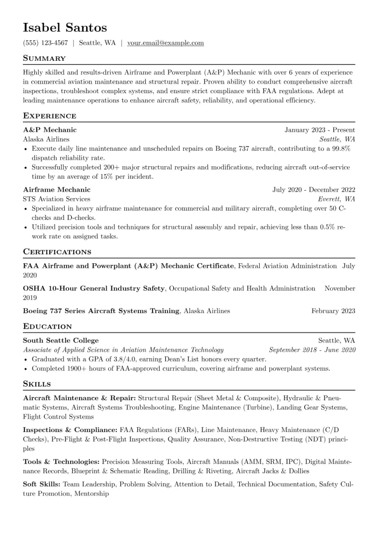 Airframe Mechanic Resume Example preview