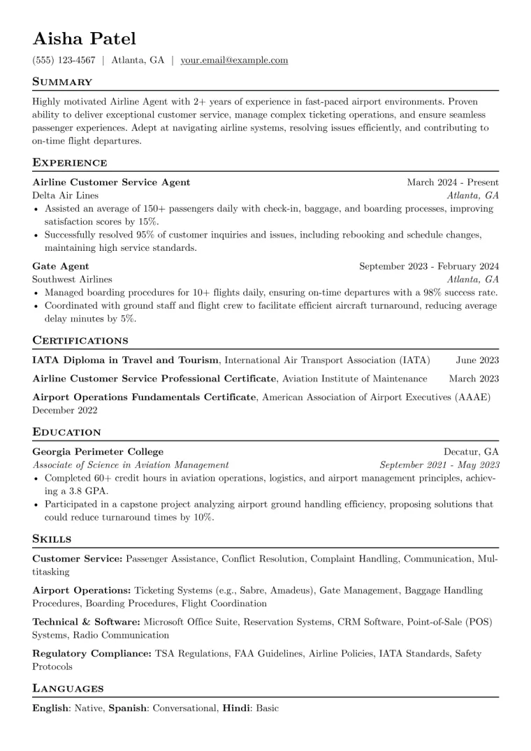 Airline Agent Resume Example preview