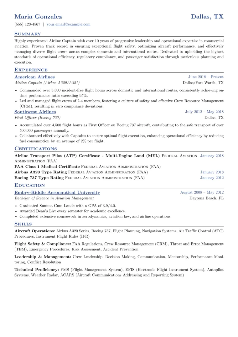 Airline Captain Resume Example CV template preview