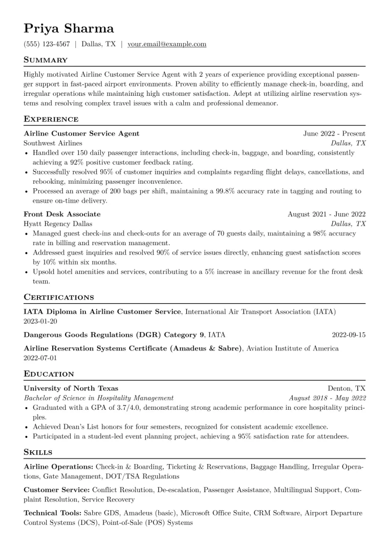 Airline Customer Service Agent Resume Example CV template preview
