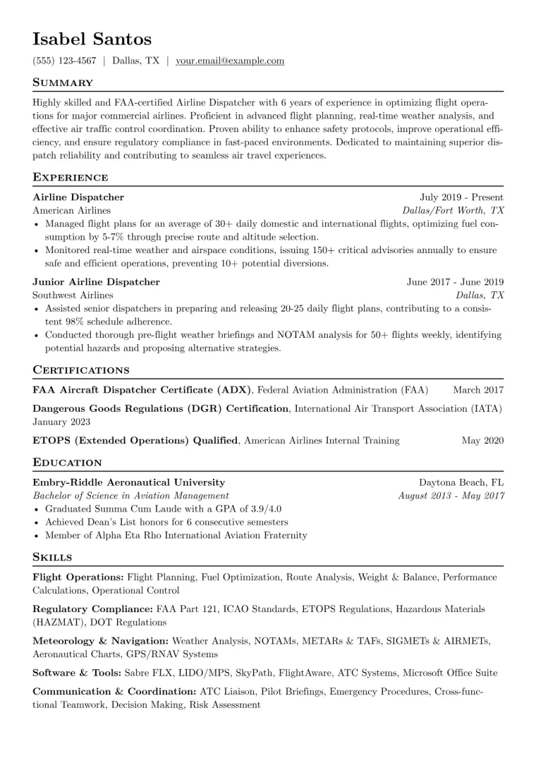 Airline Dispatcher Resume Example CV template preview