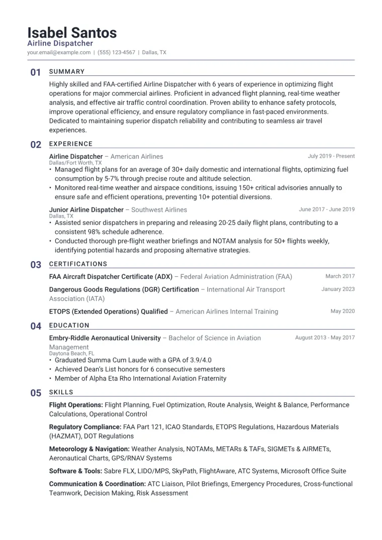 Airline Dispatcher Resume Example CV template preview